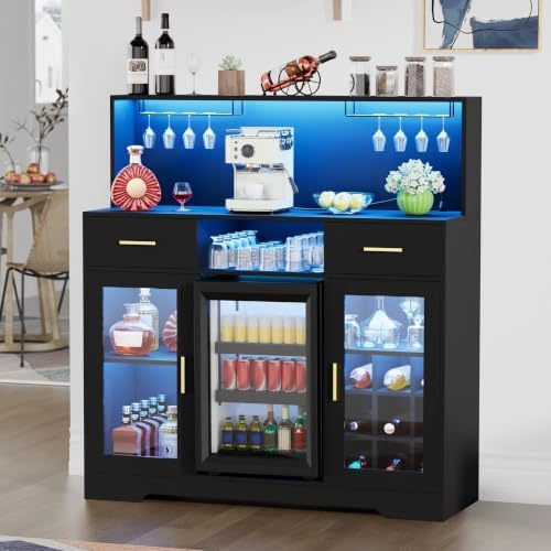 Home Bar And Cabinet - ミニ冷蔵庫付き収納キャビネット、LEDライトと電源コンセント付き家庭用ワインバーキャビネット、ミニコーヒー バーキャビネット
