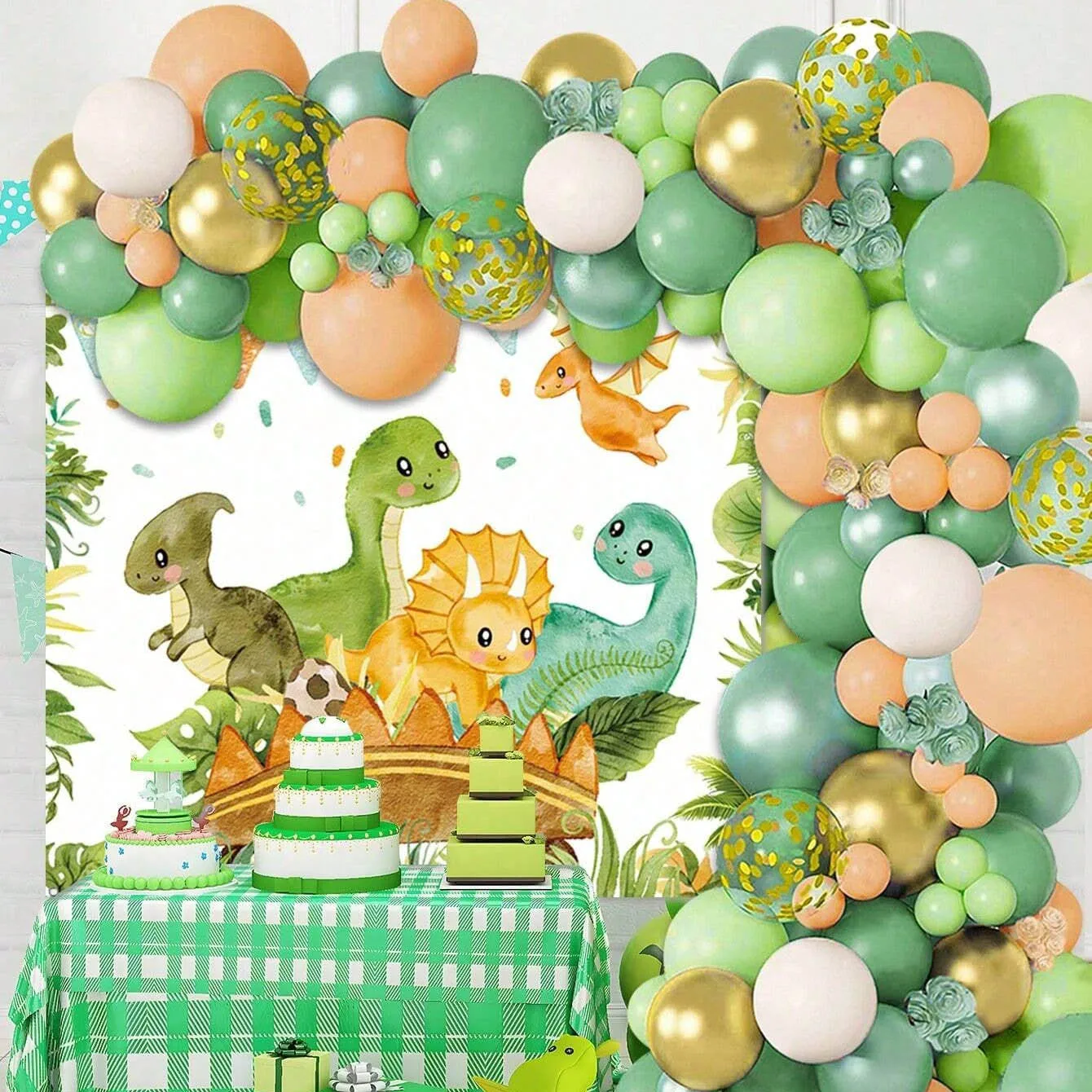 Home Bargains - 恐竜バルーンセットアーチ 子供の誕生日 恐竜テーマパーティー用 ホイルバルーン ティンセルカーテン タッセル背景装飾
