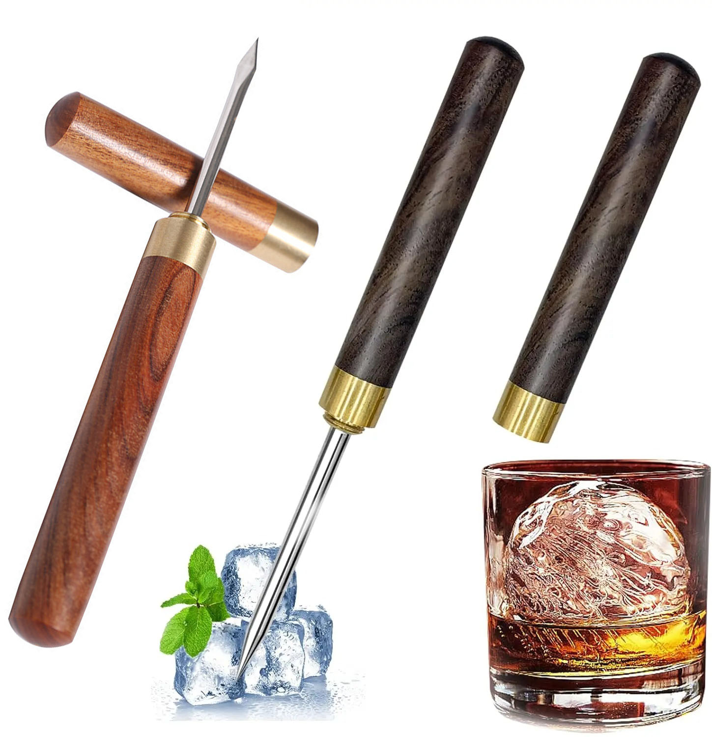 Ice Pick Pick - 2個入りアイスピック、氷割り用、黒檀ハンドルと安全カバー付きステンレス製アイスピック、多機能ティーニードル