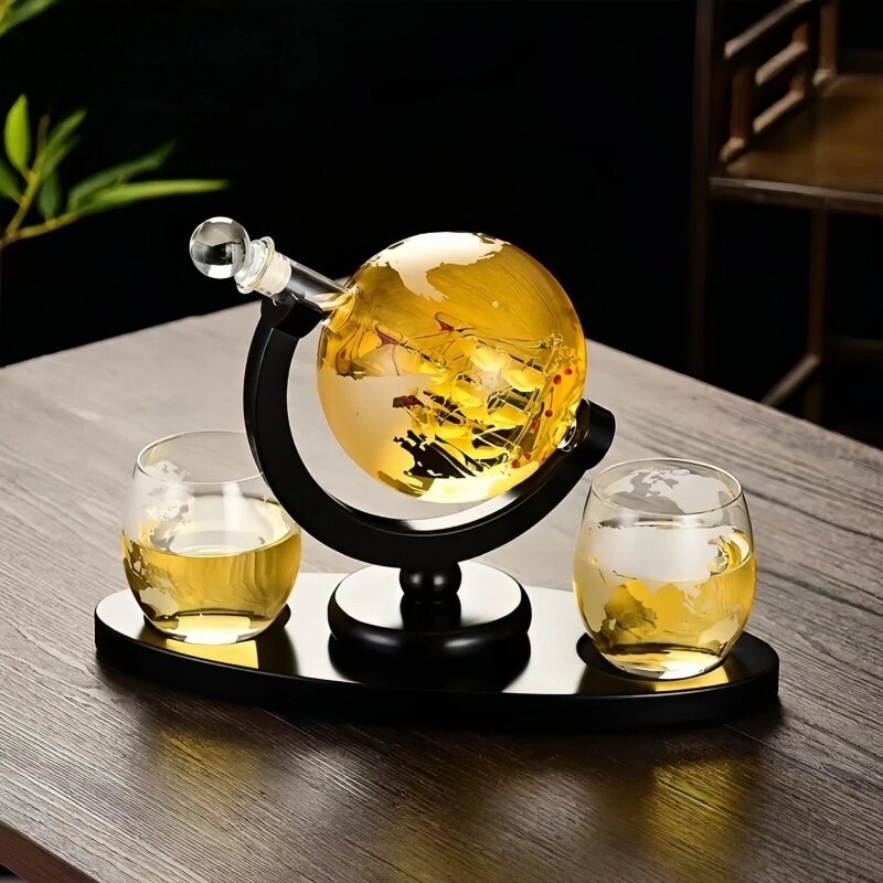 Decanter Globe Set - 装飾的な地球儀型ワインデキャンタセット、スタンド付きガラスカラフェ、ホームバーギフトに最適、エレガント