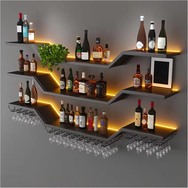 Home Bar Shelf - 70.8インチLED壁掛けワインラック、3段モダンガラスバーシェルフ、ワイングラスホルダー付き、大容量、ホームバー用
