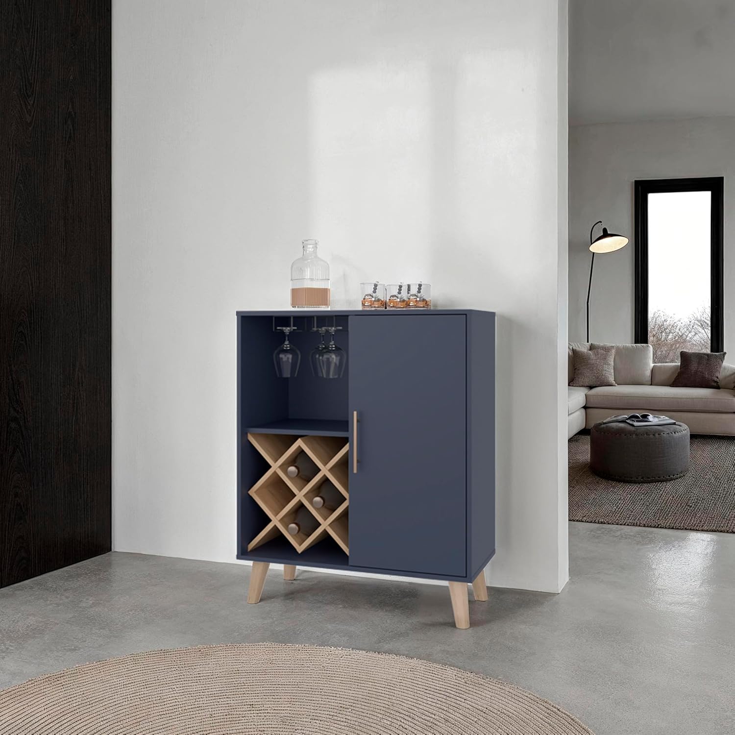 Home Bar And Cabinet - オークブルーバーキャビネット 4段棚 ドア付き引き出し ワインラック グラスホルダー 木製収納