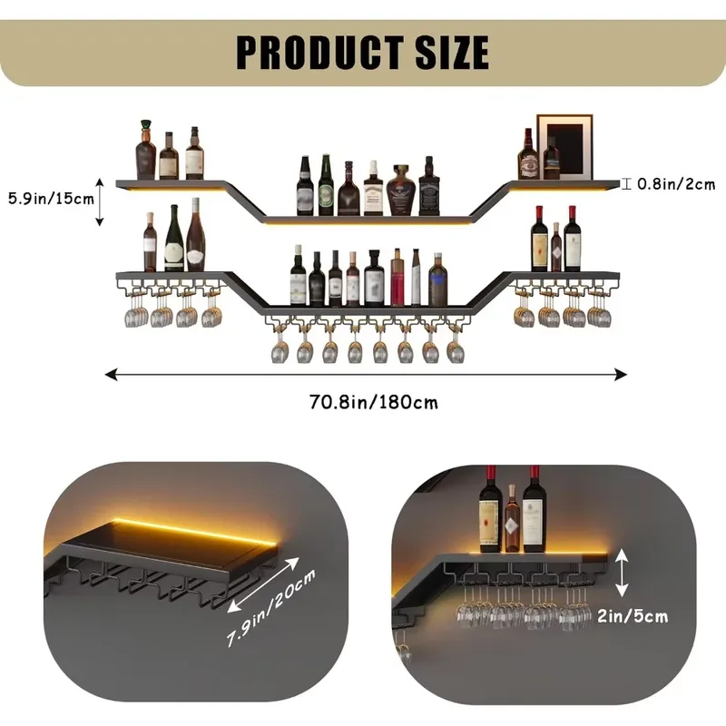 70.8インチLED壁掛けワインラック、3段モダンガラスバー - Home Bar Shelf のレビューと価格