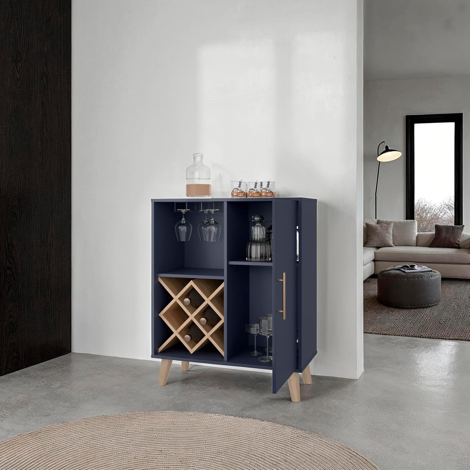 オークブルーバーキャビネット 4段棚 ドア付き引き出し ワイ - Home Bar And Cabinet のレビューと価格